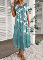 Turquoise dresses,Floral dresses,Plants dresses,Everyday dresses,Casual dresses,ROTITA Pocket Floral Print Turquoise Shift Dress