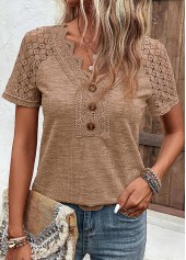 Dark Camel tops,Plain Color tops,ROTITA Lace Dark Camel V Neck T Shirt