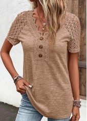Dark Camel tops,Plain Color tops,ROTITA Lace Dark Camel V Neck T Shirt