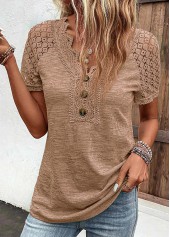 Dark Camel tops,Plain Color tops,ROTITA Lace Dark Camel V Neck T Shirt