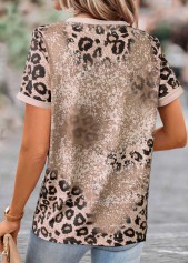Light Camel tops,Leopard tops,ROTITA Patchwork Leopard Light Camel Round Neck T Shirt