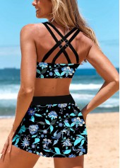 Black swimwear,Floral swimwear,ROTITA Criss Cross Black Floral Print Bikini Set