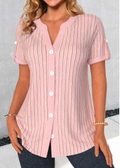 Light Pink tops,Plain Color tops,ROTITA Button Light Pink Split Neck Short Sleeve Blouse