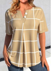 chemisier à manches courtes et col fendu en chameau clair à carreaux et boutons Rotita