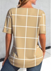 Light Camel tops,Plaid tops,Geometric tops,ROTITA Button Plaid Light Camel Split Neck Short Sleeve Blouse