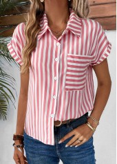 Pink tops,Striped tops,Geometric tops,ROTITA Pocket Striped Pink Shirt Collar Short Sleeve Blouse