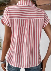 Pink tops,Striped tops,Geometric tops,ROTITA Pocket Striped Pink Shirt Collar Short Sleeve Blouse