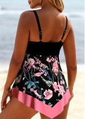 Black swimwear,Pink swimwear,Plants swimwear,Floral swimwear,ROTITA Circular Ring Black Random Floral Print Swimdress Top