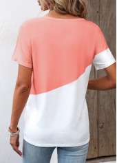 Dusty Pink tops,White tops,Contrast Color tops,Zipper Dusty Pink Round Neck T Shirt