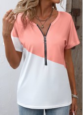 Dusty Pink tops,White tops,Contrast Color tops,Zipper Dusty Pink Round Neck T Shirt