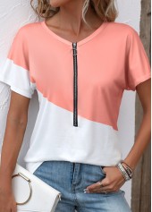 Dusty Pink tops,White tops,Contrast Color tops,Zipper Dusty Pink Round Neck T Shirt
