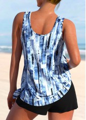 Blue swimwear,Black swimwear,Geometric swimwear,ROTITA Patchwork Blue Geometric Print Mid Waisted Tankini Set