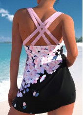 Pink swimwear,Black swimwear,Floral swimwear,Plants swimwear,ROTITA Drawstring Pink Floral Print Swimdress Top