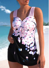 Pink swimwear,Black swimwear,Floral swimwear,Plants swimwear,ROTITA Drawstring Pink Floral Print Swimdress Top