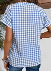 Denim Blue tops,White tops,Plaid tops,ROTITA Split Plaid Denim Blue Short Sleeve Blouse