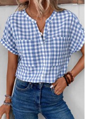 Denim Blue tops,White tops,Plaid tops,ROTITA Split Plaid Denim Blue Short Sleeve Blouse