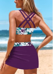 Purple swimwear,Plants swimwear,ROTITA Drawstring Purple Leaf Print Mid Waisted Bikini Set