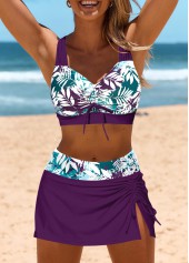 Purple swimwear,Plants swimwear,ROTITA Drawstring Purple Leaf Print Mid Waisted Bikini Set