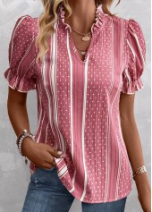 Pink tops,Striped tops,Dot tops,ROTITA Split Striped Pink Short Sleeve Blouse