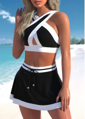 Black swimwear,White swimwear,Contrast Color swimwear,ROTITA Criss Cross Black High Waisted Bikini Set