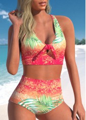 Multi Color swimwear,Plants swimwear,ROTITA Bowknot Multi Color Tropical Plants Print Bikini Set
