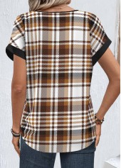 Light Coffee tops,Plaid tops,Striped tops,Geometric tops,ROTITA Zipper Plaid Light Coffee Round Neck Short Sleeve Blouse