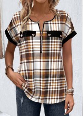 Light Coffee tops,Plaid tops,Striped tops,Geometric tops,ROTITA Zipper Plaid Light Coffee Round Neck Short Sleeve Blouse