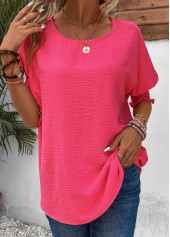 Hot Pink tops,Plain Color tops,ROTITA Smocked Hot Pink Round Neck T Shirt