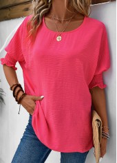 Hot Pink tops,Plain Color tops,ROTITA Smocked Hot Pink Round Neck T Shirt
