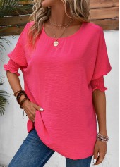 Hot Pink tops,Plain Color tops,ROTITA Smocked Hot Pink Round Neck T Shirt