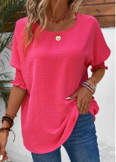 Hot Pink tops,Plain Color tops,ROTITA Smocked Hot Pink Round Neck T Shirt