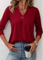 Wine Red tops,Plain Color tops,ROTITA Circular Ring Wine Red Split Neck T Shirt