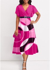 Hot Pink dresses,Geometric dresses,Party dresses,Elegant dresses,ROTITA Umbrella Hem Geometric Print Hot Pink Dress
