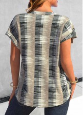 Light Camel tops,Grey tops,Geometric tops,ROTITA Button Geometric Print Light Camel Split Neck Blouse