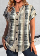 Light Camel tops,Grey tops,Geometric tops,ROTITA Button Geometric Print Light Camel Split Neck Blouse