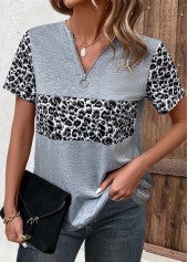 ROTITA Zipper Leopard Grey V Neck T Shirt