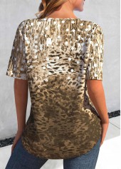 Light Camel tops,Dark Camel tops,Leopard tops,Ombre tops,ROTITA Button Leopard Light Camel Split Neck Blouse