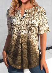 Light Camel tops,Dark Camel tops,Leopard tops,Ombre tops,ROTITA Button Leopard Light Camel Split Neck Blouse