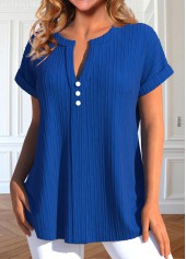 Royal Blue tops,Plain Color tops,ROTITA Button Royal Blue Split Neck Short Sleeve Blouse