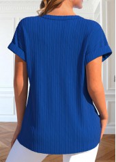 Royal Blue tops,Plain Color tops,ROTITA Button Royal Blue Split Neck Short Sleeve Blouse