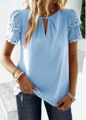 Sky Blue tops,Plain Color tops,ROTITA Cut Out Sky Blue Round Neck Short Sleeve Blouse