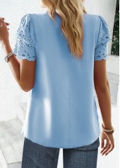 Sky Blue tops,Plain Color tops,ROTITA Cut Out Sky Blue Round Neck Short Sleeve Blouse