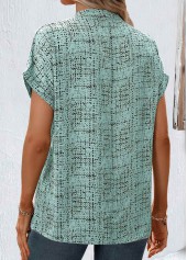 Sage Green tops,Geometric tops,Striped tops,ROTITA Split Geometric Print Sage Green Short Sleeve Blouse