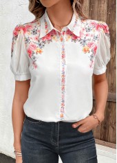 White tops,Floral tops,Plants tops,ROTITA Valentine's Day Button Floral Print White Shirt Collar Blouse