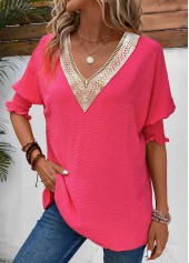 Hot Pink tops,Plain Color tops,ROTITA Smocked Hot Pink V Neck T Shirt
