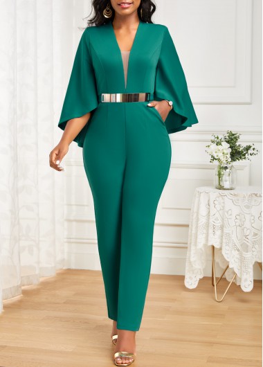 Pocket Green Ankle Length Regular V Neck Jumpsuit