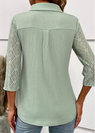 Sage Green tops,Plain Color tops,ROTITA Patchwork Sage Green Shirt Collar Blouse