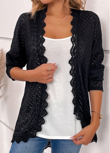 Black tops,Plain Color tops,ROTITA Scalloped Hem Black Long Sleeve Light Cardigan