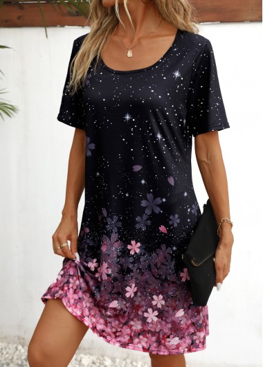 Black dresses,Pink dresses,Ombre dresses,Floral dresses,Dot dresses,Galaxy dresses,Everyday dresses,Casual dresses,ROTITA Floral Print Black Scoop Neck Short Sleeve Dress