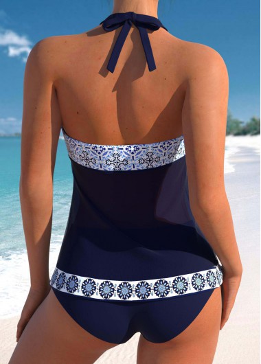 Navy swimwear,Geometric swimwear,Tribal swimwear,Floral swimwear,ROTITA Patchwork Navy Geometric Print Mid Waisted Tankini Set